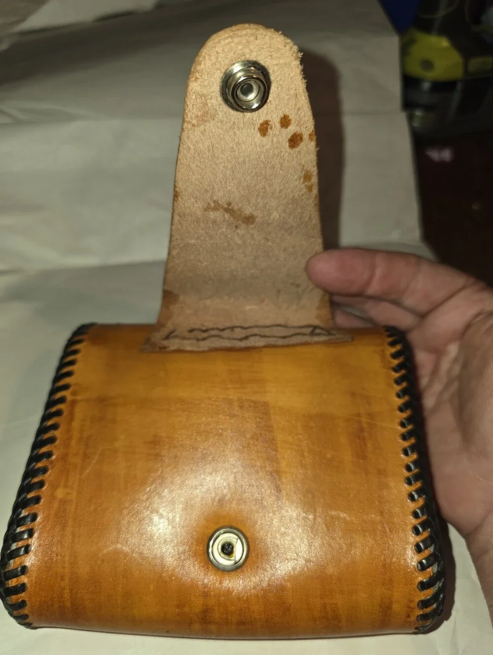 New,Handcrafted,Leather Eagle-Embossed Men's Wallet- Pouch Tan Black Stitching.